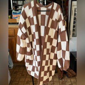 Brown and White Checkered Cardigan